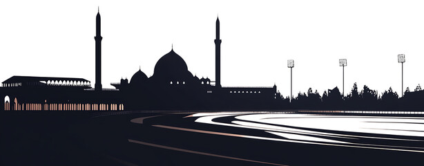 Silhouette of a mosque with minarets and dome on white background P N G A I G E N E R A T E D isolated on a transparent background