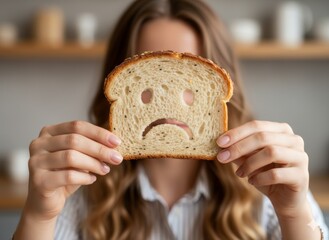 Woman holding slice of bread with sad face cutout, symbolizing gluten intolerance, celiac disease, food allergy, and dietary restrictions impacting emotional well-being