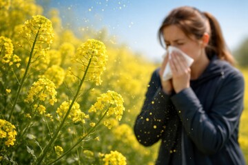 Woman sneezing into tissue in yellow flower field, illustrating seasonal allergy, hay fever, pollen sensitivity, and springtime discomfort from plant blossoms
