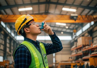 Industrial worker using inhaler inside factory warehouse, occupational health and respiratory safety concept