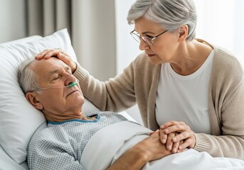 Elderly woman comforting sick elderly man in hospital bed, illustrating caregiving, end-of-life care, and emotional support for aging patients