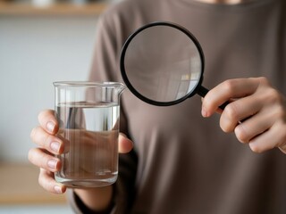 Person holding beaker of water and magnifying glass, illustrating water quality testing, scientific analysis, and environmental health inspection for purity and safety