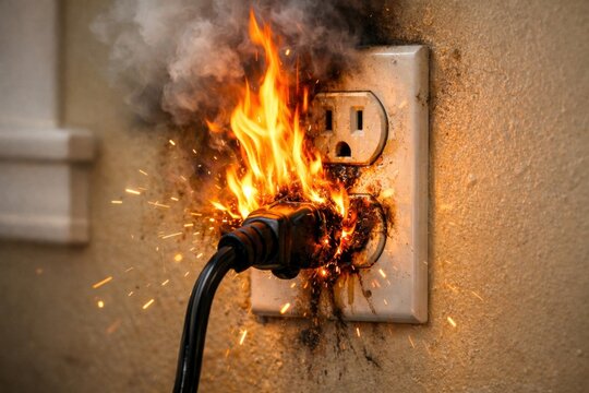 Electrical fire from overloaded outlet with sparking plug, illustrating home hazard, electrical safety, fire risk, and danger of faulty wiring or overuse
