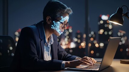 Typing on laptop at desk. Professional uses laptop for cybersecurity data analysis. Artificial intelligence facial recognition biometric appears on face. Technology focus in urban office at night. - Powered by Adobe