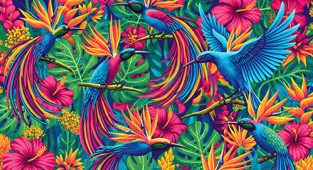 Obraz premium Vibrant tropical rainforest pattern featuring exotic birds, bright flowers, and lush foliage.