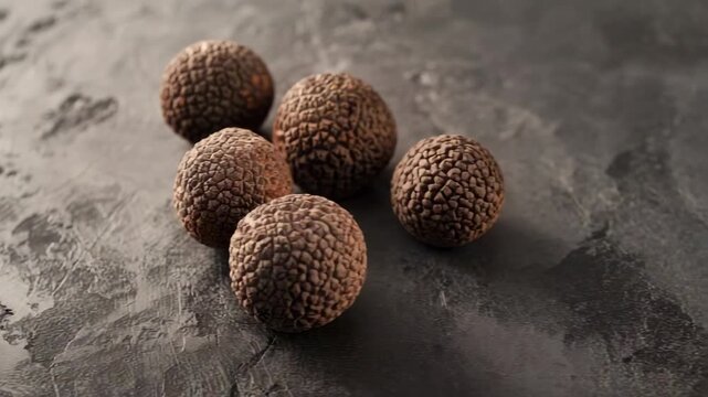 Brown round textured objects on dark surface