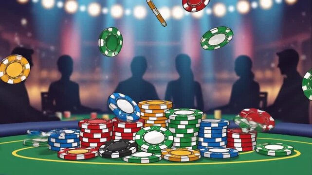 Falling Casino Chips Stacking on Poker Table Gambling Scene