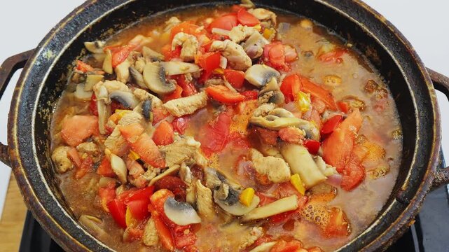 Vegetables and meat are simmering in a deep cast-iron skillet in teriyaki sauce.