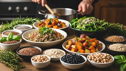 Assorted Grains and Vegetables in Bowls on Kitchen Counter.