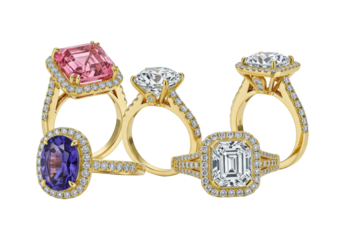Four opulent diamond and gemstone rings (pink, purple) with yellow precious metal bands on a reflective white surface, transparent background, macro shot, high-end luxury jewelry display