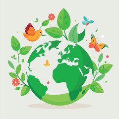 the Earth surrounded by green leaves, flowers, and birds, symbolizing nature