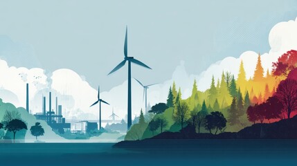 Modern Landscape with Wind Turbines and Nature Elements