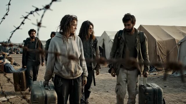 Refugees walk with luggage past barbed wire fence at camp. People carry suitcases near refugee tents. Migrants walk through camp with luggage. Refugee camp with barbed wire and walking people.