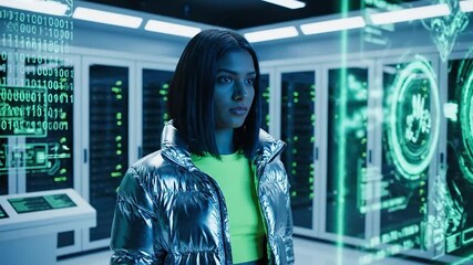 Futuristic professional woman managing glowing holographic interfaces in a secure data center High-tech IT management and cybersecurity concept - Powered by Adobe