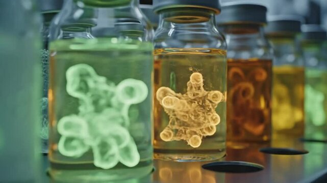 Rare microbial cultures glowing within climate-controlled self-lighting laboratory vials for scientific research
