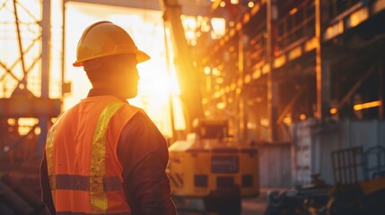 Construction Worker Silhouetted Against Sunset at Building Site