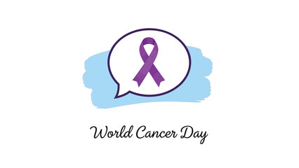 Purple ribbon in speech bubble for world cancer day awareness campaign on white background