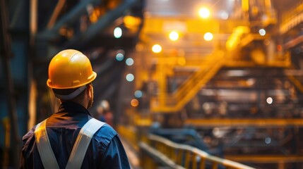 Worker in Hard Hat Observing Industrial Factory Operations at Night