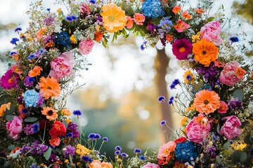 A colorful circular wedding arch filled with mixed garden flowers and cornflowers, inspiring a joyful celebration,