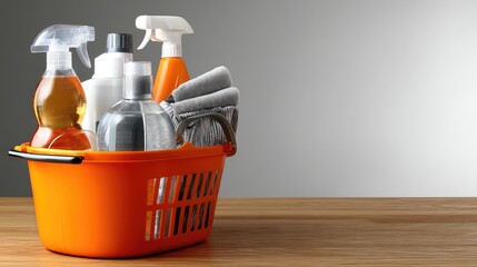 Orange basket holds various cleaning products on a wooden table with a gray backdrop, allowing space for additional text