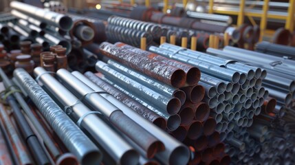 Close-Up View of Metal Pipes in Industrial Yard Storage Area