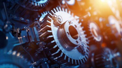 Close-Up of Interlocking Steel Gears with Bright Lighting Effects