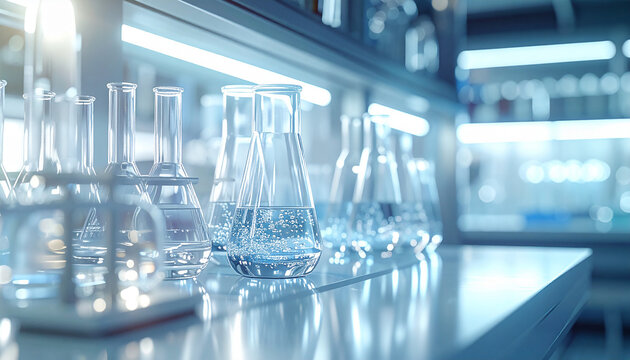 Precision and Discovery: An array of lab equipment, including beakers and flasks, stands in a modern scientific laboratory, illuminated with a cool blue light.