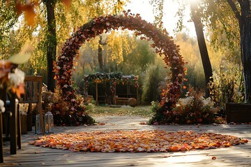A cozy circular wedding arch enveloped with seasonal autumn leaves and rustic accents, bringing warmth to an outdoor celebration,