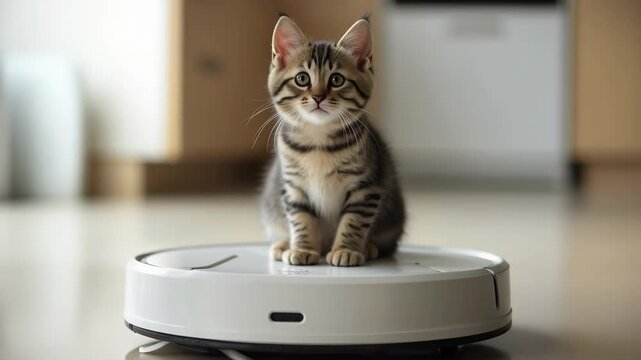 Curious kitten sitting on top of white robotic sweeper in kitchen
