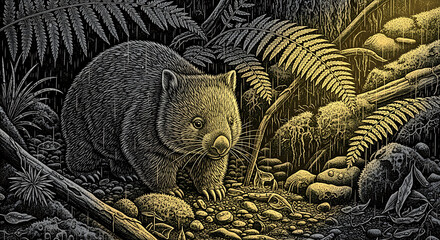 Detailed Engraving of Wild Wombat Foraging in Dark Australian Forest Under Golden Light.