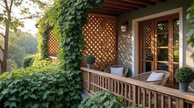 Cozy apartment balcony with wooden lattice wall covered in ivy
