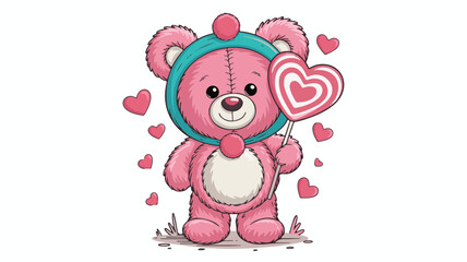Fototapeta premium Pink teddy bear holding a heart lollipop wearing a teal headband on white background candy