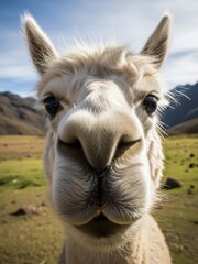 Obraz premium Close-up portrait of a curious white alpaca with fluffy fur in a mountain landscape