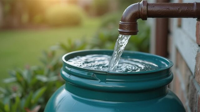 Close up plastic rain barrel filling with water from metal downspout
