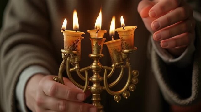 Close up wrinkled hands lighting oil cups on brass menorah
