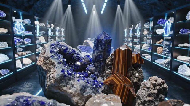 Spectacular crystal and geode collection showcased in a modern museum exhibit with dramatic lighting