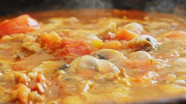 Vegetables and chicken are simmered in a deep cast iron skillet with sauce and spices. Medium shot.