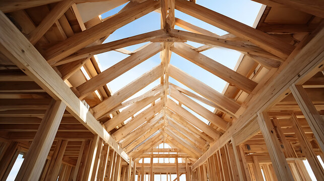 Construction d'une structure en bois &agrave; l'int&eacute;rieur d'un b&acirc;timent au milieu de la journ&eacute;e