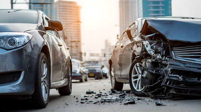 Un accident de voiture se produit dans une rue anim&eacute;e d'une grande ville pendant le coucher de soleil