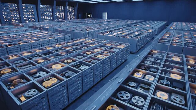 Vast Archive of Labeled Compartments Filled With Various Items and Media Stored in Rows Under Dim Lighting.