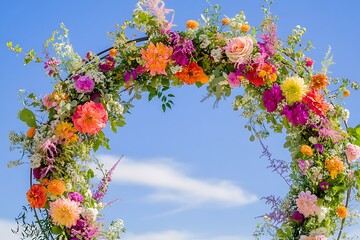A festive circular wedding arch filled with bold colors and bright blooms for a lively spring celebration,