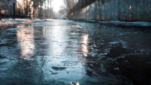Des reflets sur la glace d'un chemin en ville par une journ&eacute;e d'hiver