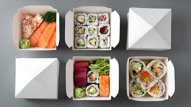 Des bo&icirc;tes de sushi avec diff&eacute;rents types de rouleaux et de sashimis pr&eacute;sent&eacute;s sur une table grise