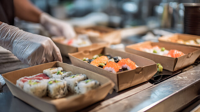 Pr&eacute;paration de sushis dans un restaurant pendant un service en soir&eacute;e