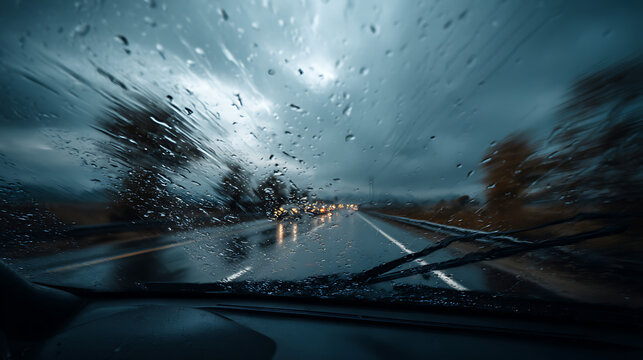 Pluie sur la route avec des phares de voitures &agrave; l'horizon pendant la nuit