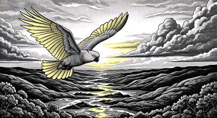 Majestic cockatoo flying high above dramatic stipple engraved valley landscape at sunrise.