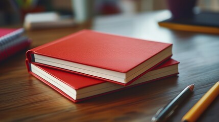Two red books placed on a wooden table with writing tools nearby in a study area during daylight