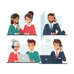 Fototapeta premium Customer service representatives working on computers and answering phone calls in a modern office environment