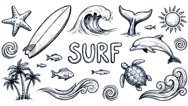 Hand Drawn Blue Surf and Ocean Doodle Illustration Set on White Background, surf, beach doodle, ocean doodle, hand drawn, blue illustration, seaside elements, marine life, starfish, dolphin, whale,