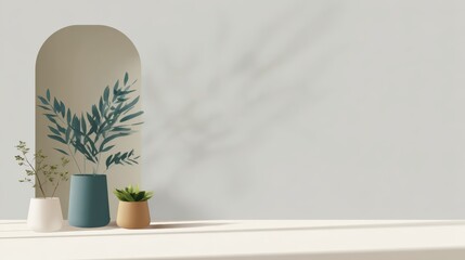 Minimalist Interior Design with Potted Plants and Soft Shadows